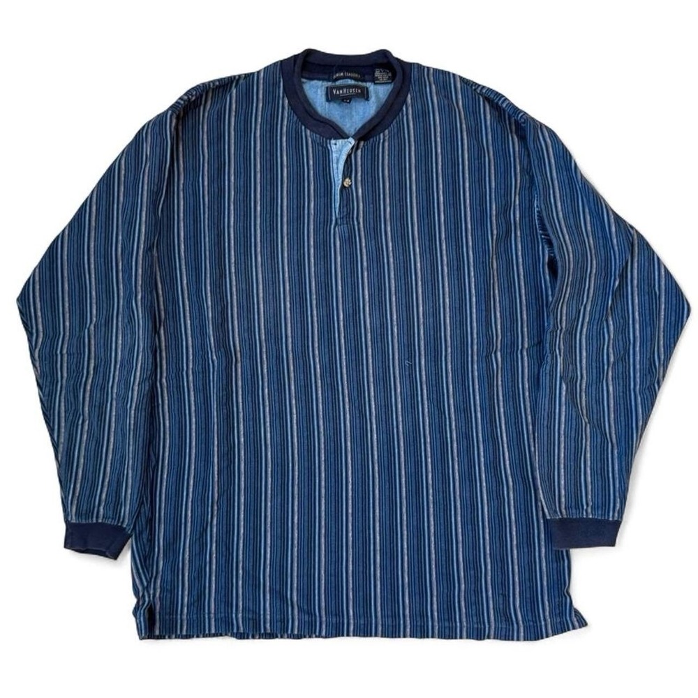 Vintage Van Heusen Denim Classics Striped Henley Shirt Men's Large Preppy 90s
